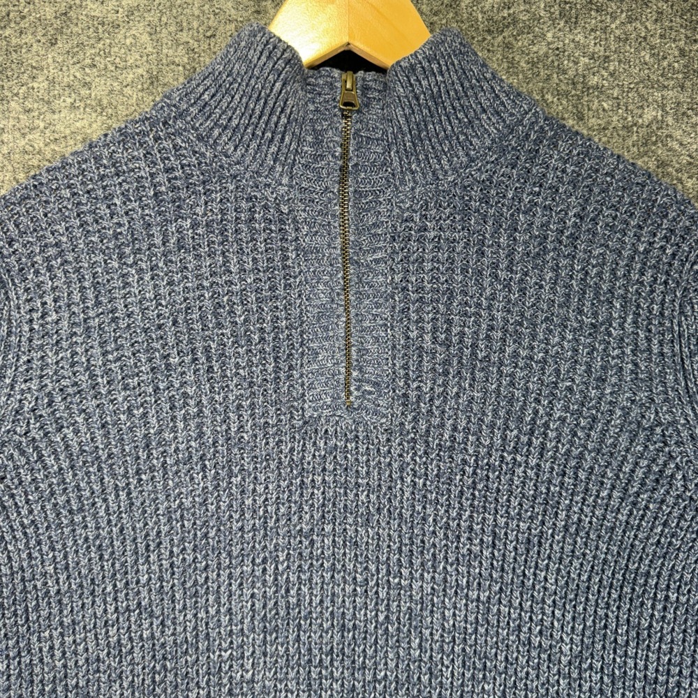 L.L. Bean Waffle Knit 1/4 Zip Sweater Men Medium Blue Marled Chunky Cotton Blend - Picture 3 of 9